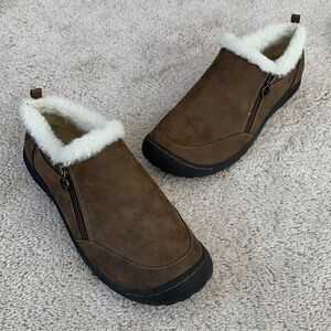 EUC JSport Elenor Brown Faux Leather Slip-On Shoes with faux fur